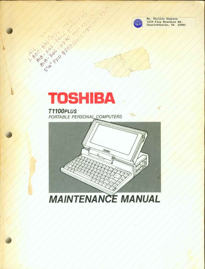 Image for T1100 PLUS PERSONAL COMPUTER Maintenance Manual