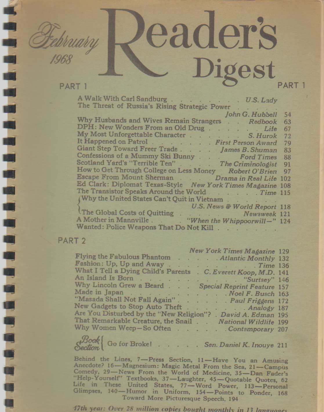 Image for READER'S DIGEST MAGAZINE February 1968 Enlarged Type Edition Part 1 Vol. 02, No. 550.